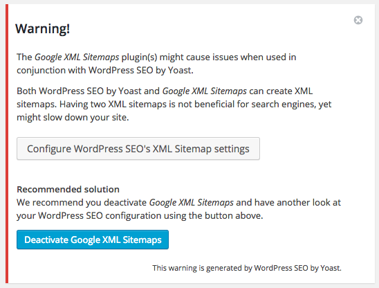 yoast sitemap warning - Google XML Sitemaps vs Yoast SEO, ¿Que Sitemap es mejor?